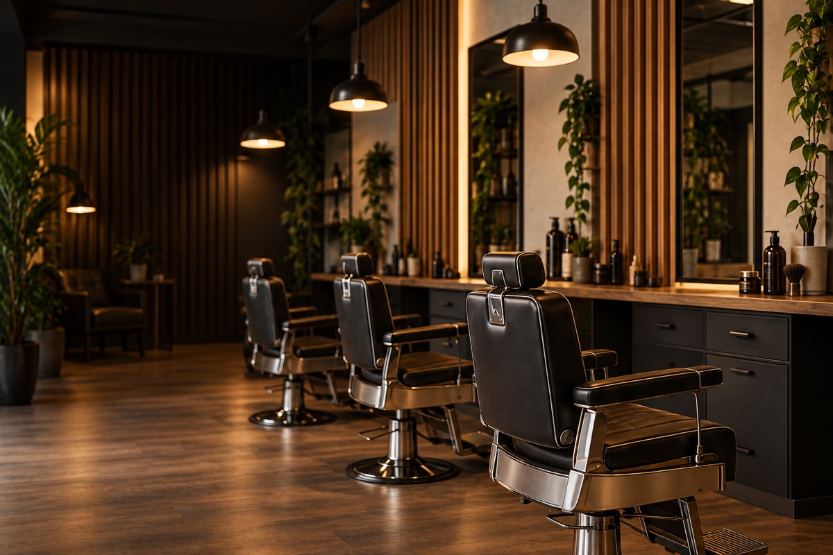 Illustrative warm wood barbershop with leather chairs